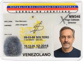 Venezuelan identity card showing personal details, fingerprint, official signature, and a passport-style photo of a middle-aged man with gray hair and beard.